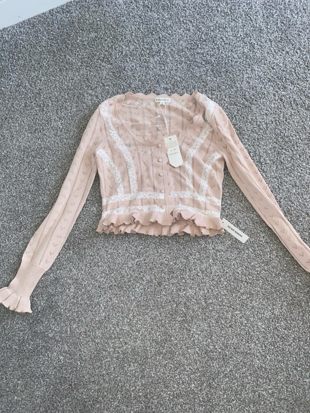 For Love & Lemons Blush Pink Ruffle-Trim Knit Cardigan